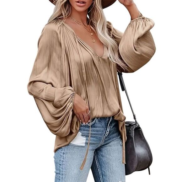 Chic V-Neck Satin Boho Blouse L Khaki Hippie Brunch Spring Fall Trendy - Picture 3 of 9